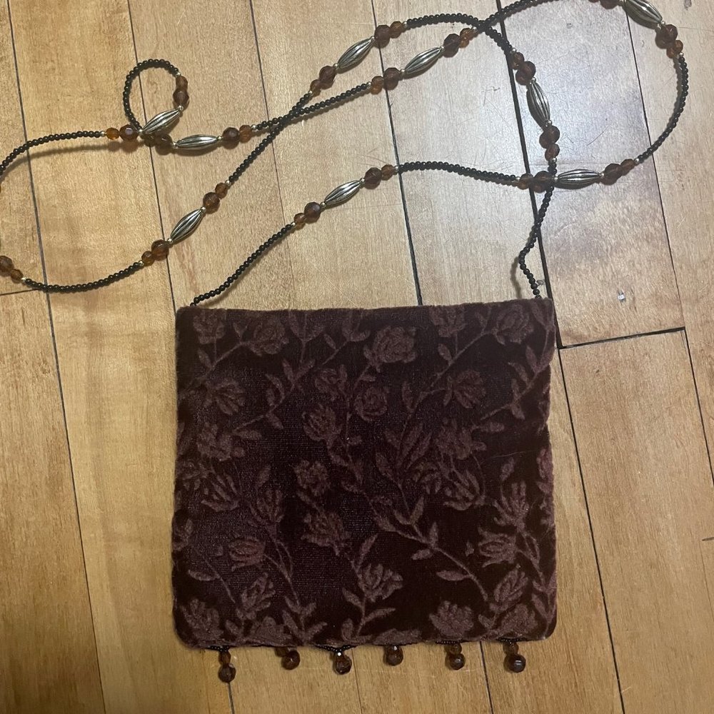 Brown Velvet Purse with Beaded Strap